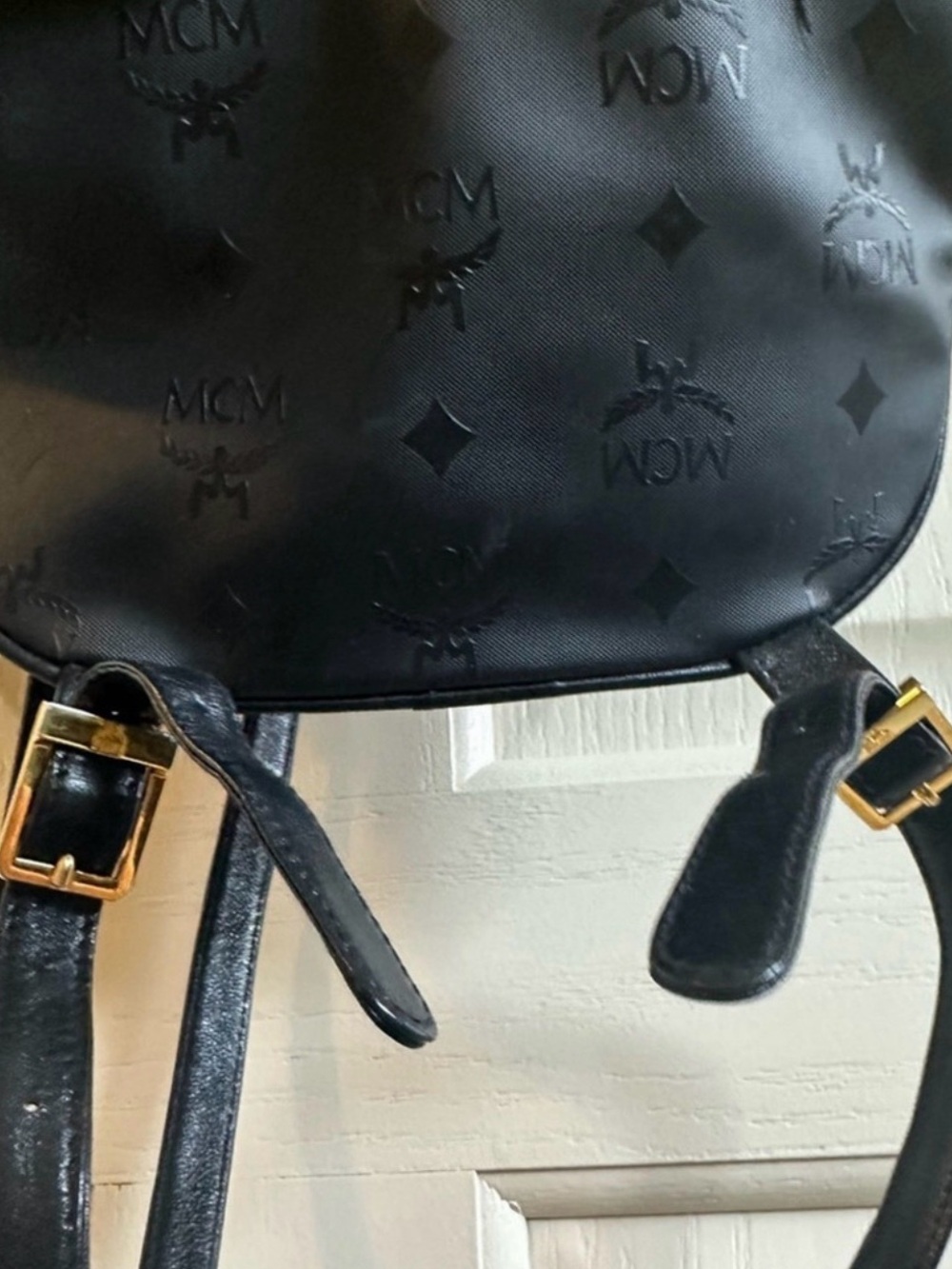 MCM Black Leather Logo Drawstring Backpack - Picture 4 of 5